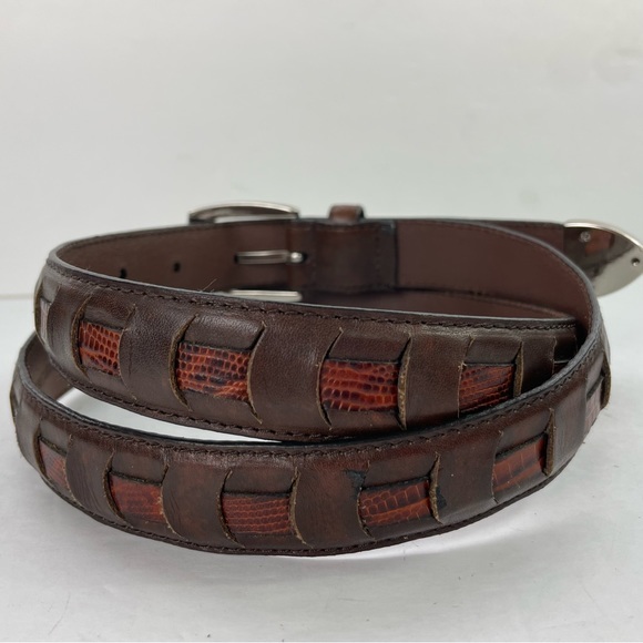 Brown‎ Leather Snakeskin Inlay Woven Belt 38 - Picture 4 of 16